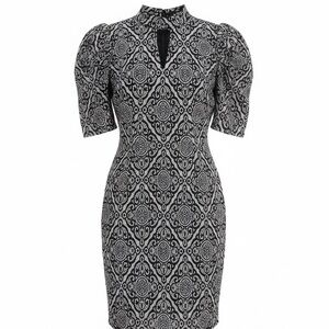 VENUS Black White Sheath Dress XS Geometric Print Puff Sleeve Back Knee Length